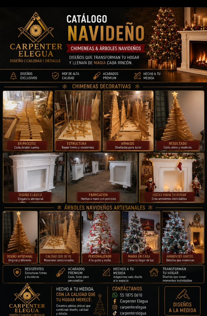 Catálogo navideño completo de Carpenter Elegua con chimeneas y árboles navideños