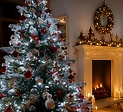 Árbol de Navidad decorado junto a una chimenea